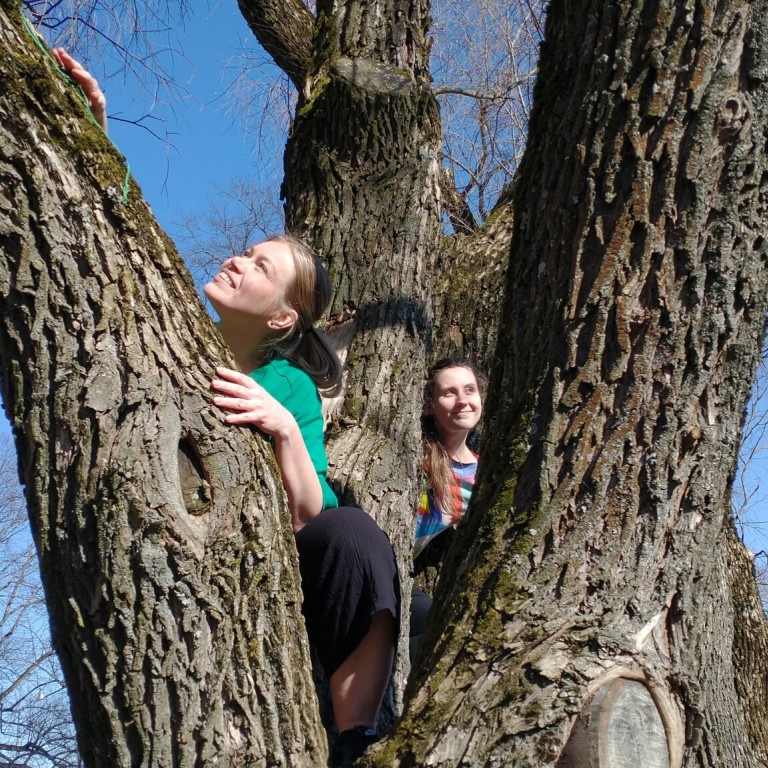 Two women climbing on trees