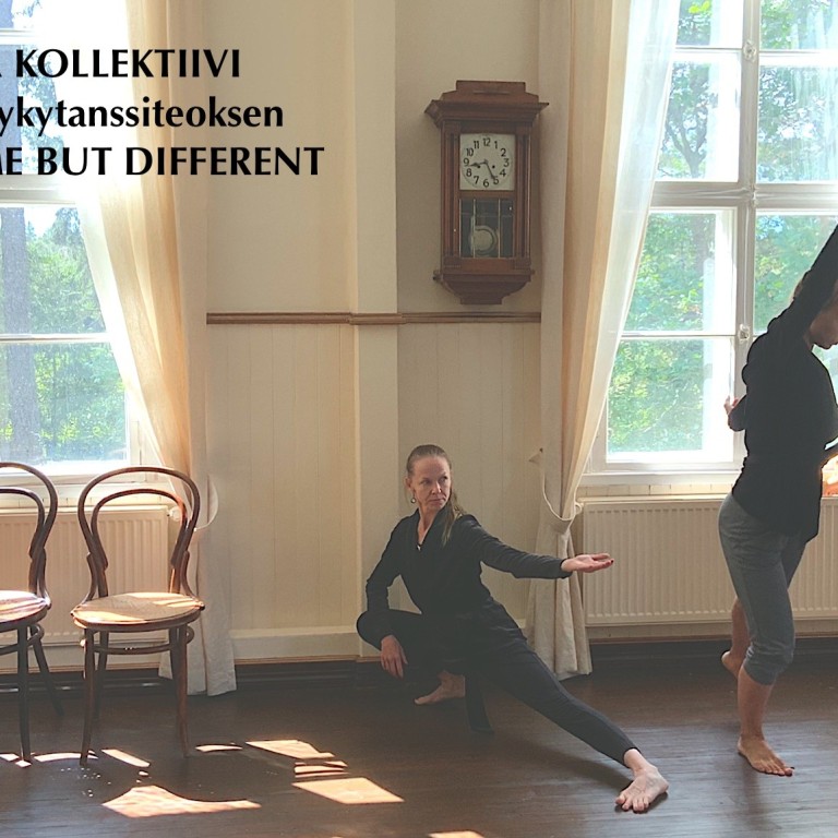 Three people dance in a room with chairs