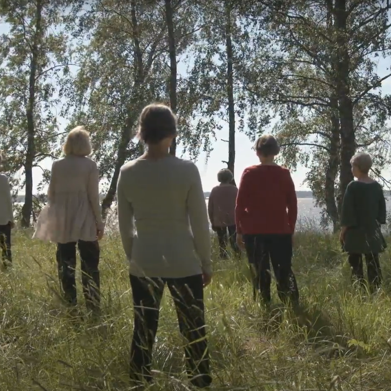 A group of people stand in a forest facing back