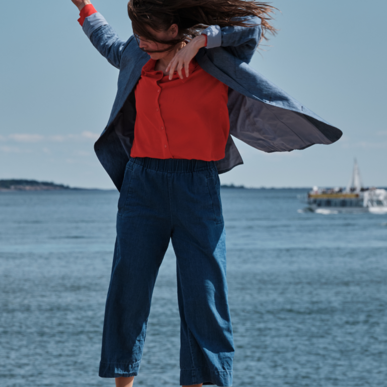 A woman in a windy weather